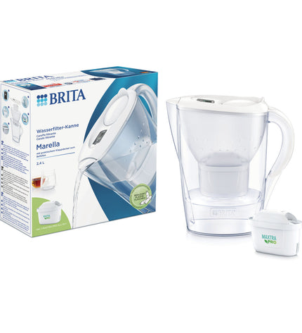 Transparent Brita Maxtra Pro water jug with filter, 2.4L capacity, designed for home cooking and drinking.