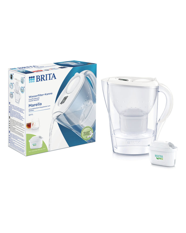 Transparent Brita Maxtra Pro water jug with filter, 2.4L capacity, designed for home cooking and drinking.