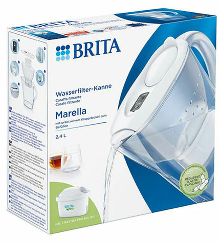 Brita Maxtra Pro transparent water jug with filter, 2.4L capacity, suitable for home use and cooking.