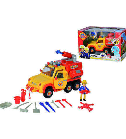Simba Fireman Sam yellow fire truck toy measuring 27x17x17 cm, detailed vehicle for children's play and firefighting role play.