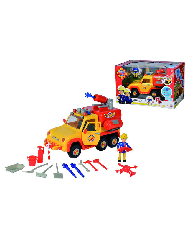 Simba Fireman Sam yellow fire truck toy measuring 27x17x17 cm, detailed vehicle for children's play and firefighting role play.