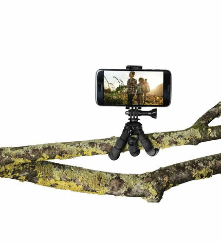 Hama draagbaar statief for photography and video cameras, compact design with adjustable legs and mounting platform.