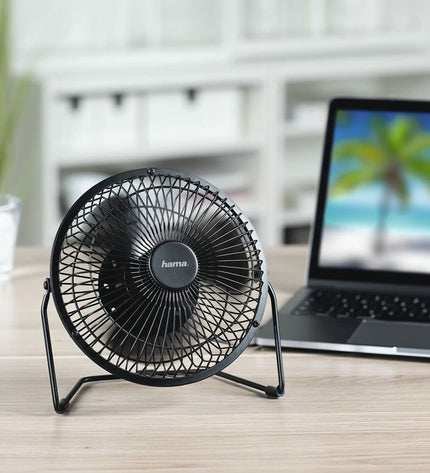Hama Tafelventilator in wit and zwart, portable table fan suitable for home and kitchen cooling.