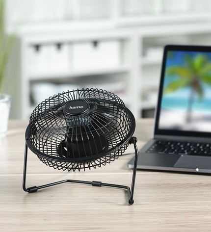 Hama Tafelventilator in wit en zwart, draagbare tafelventilator for home and kitchen cooling, compact and modern design.