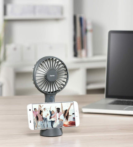 Hama Tafelventilator in grijs, compact portable fan for home and kitchen cooling, with adjustable blades and ergonomic design.