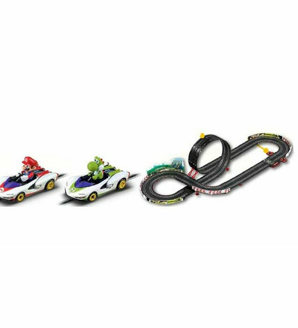 Carrera Nintendo Mario Kart P-WIN toy race track with Mario Kart vehicles for children, featuring colorful racing elements.