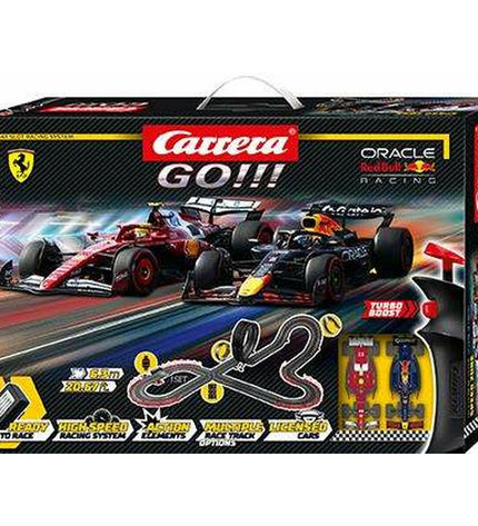 Carrera race track toy with colorful racing cars on a detailed track layout, perfect for children’s play and racing fun.