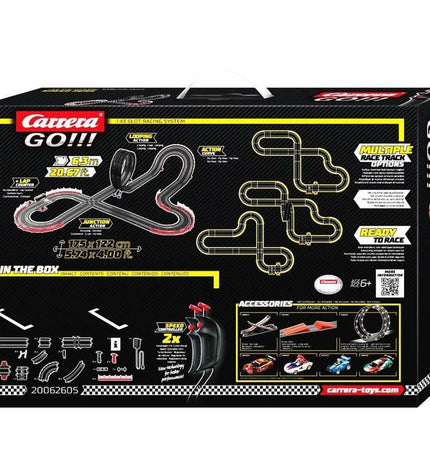 Carrera race track toy with colorful racing cars on a detailed Carrera branded slot car track.