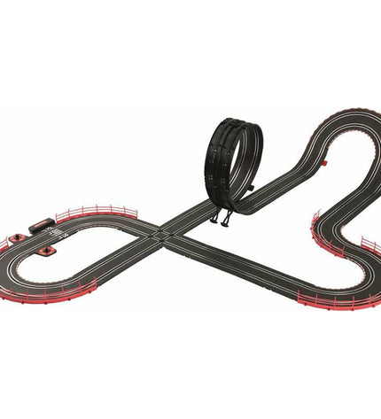 Carrera race track toy with colorful racing cars on a detailed Carrera branded slot car racing circuit.