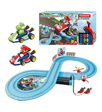 Carrera Mario Kart race track toy with colorful racing lanes and Mario-themed track elements, measuring 2.4 meters long.