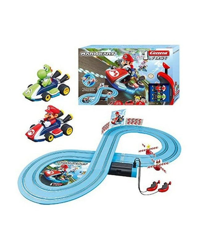 Carrera Mario Kart race track toy with colorful racing lanes and Mario-themed track elements, measuring 2.4 meters long.