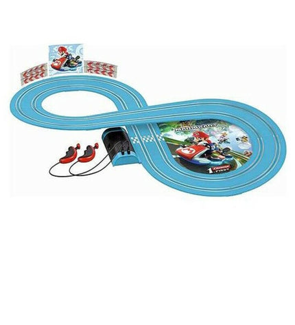 Carrera Mario Kart race track set with colorful tracks and Mario Kart themed vehicles for kids' racing fun.