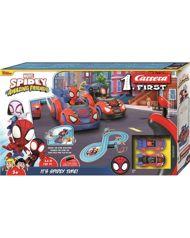 Carrera Racebaan toy race track with colorful plastic tracks and racing cars in a detailed close-up image.