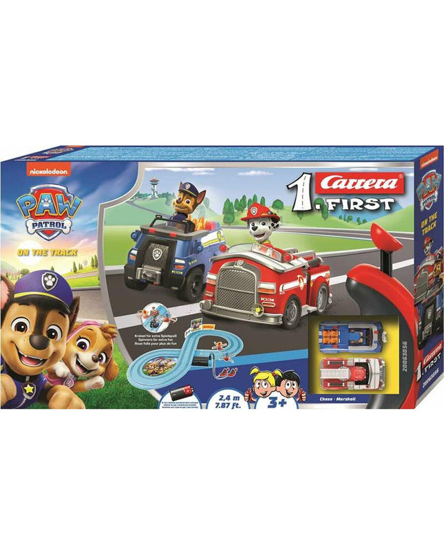 Paw Patrol Racebaan First Race 2.4m toy race track with colorful roads and Paw Patrol branding for kids' racing play.