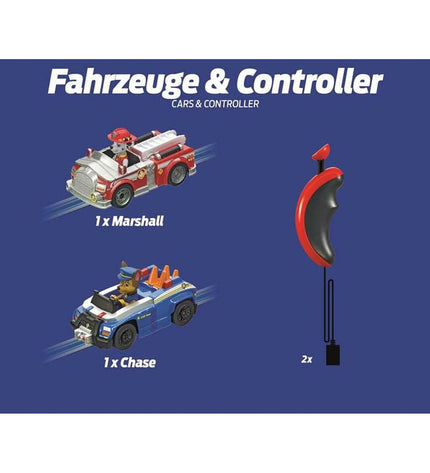 Paw Patrol First Race toy race track, 2.4 meters long, featuring colorful Paw Patrol vehicles for kids' play and racing fun.