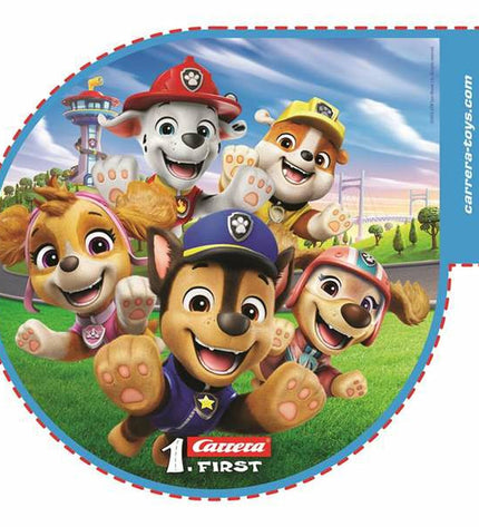 Paw Patrol Racebaan First Race toy track with colorful vehicles and a 2.4-meter racecourse for kids' play.