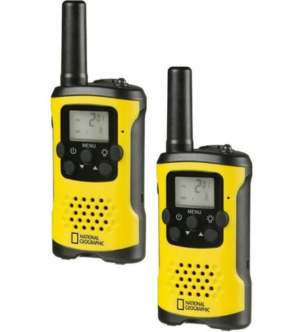 Bresser walkie-talkie in black and yellow, electronic toy for kids, showing buttons and antenna for communication.