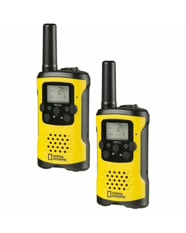 Bresser walkie-talkie in black and yellow, electronic toy for kids, showing buttons and antenna for communication.