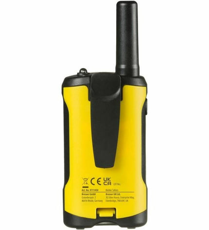 Bresser walkie-talkie toy in bright yellow and black, showing buttons and antenna, designed for electronic toy communication.