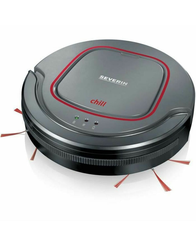 Severin RB7025 robot stofzuiger on a hardwood floor, showcasing its compact design and cleaning brushes.