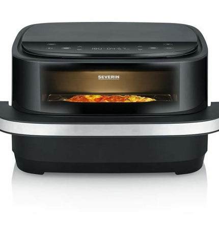 Severin black 4L deep fryer for home cooking, compact electric kitchen appliance with digital controls and non-stick basket.