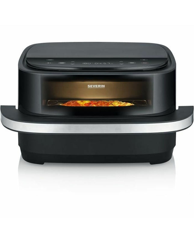 Severin black 4L deep fryer for home cooking, compact electric kitchen appliance with digital controls and non-stick basket.
