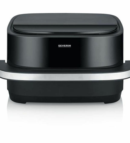 Severin black 4L deep fryer for home cooking with digital controls and compact design on a kitchen countertop.