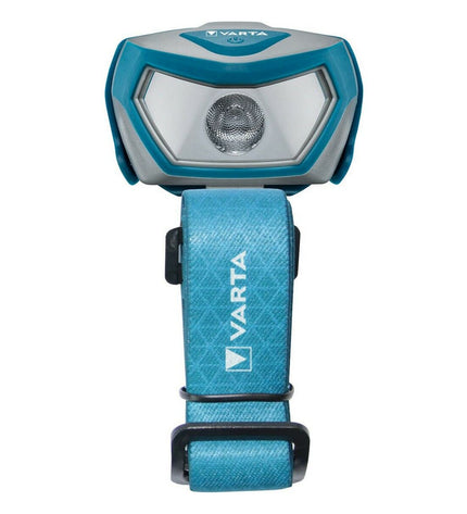 Varta Outdoor Sports H10 Pro headlamp with 100 lumens, suitable for camping and hiking, worn on a person’s head for outdoor activities.