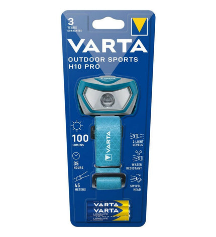 Varta Outdoor Sports H10 Pro headlamp with 100 lumens, designed for outdoor camping and hiking activities.