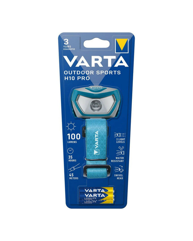 Varta Outdoor Sports H10 Pro headlamp with 100 lumens, designed for outdoor camping and hiking activities.