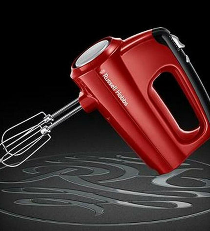 Russell Hobbs 24670-56 red hand mixer for kitchen use, small electric appliance with beaters and control buttons.