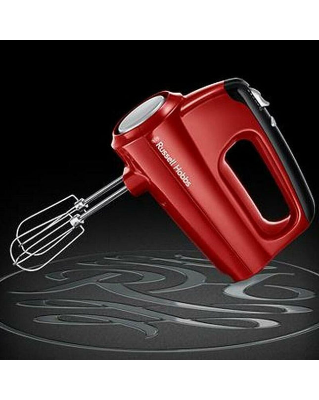 Russell Hobbs 24670-56 red hand mixer for kitchen use, small electric appliance with beaters and control buttons.