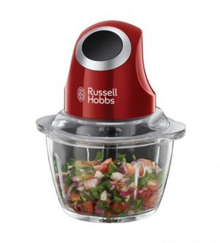 Russell Hobbs 24660-56 red mini food processor with 1L capacity and 200W power, shown on a kitchen countertop.