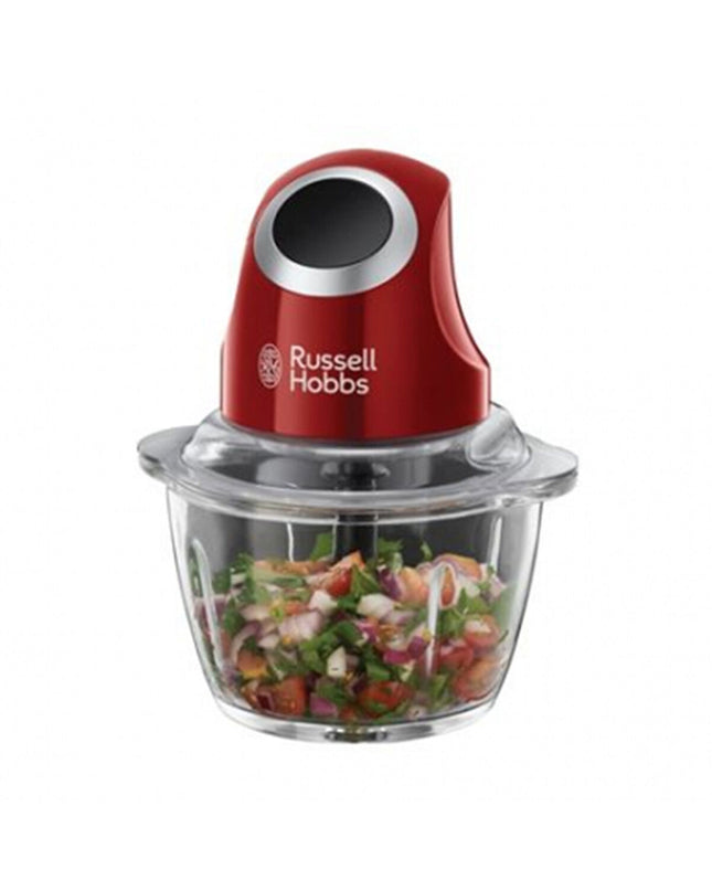 Russell Hobbs 24660-56 red mini food processor with 1L capacity and 200W power, shown on a kitchen countertop.