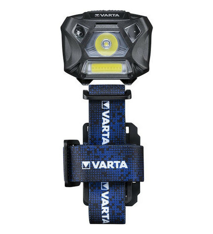 Varta Work Flex H20 headlamp with 3W LED, 150 lumens, motion sensor, suitable for outdoor camping and hiking activities.
