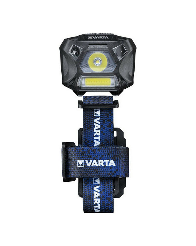 Varta Work Flex H20 headlamp with 3W LED, 150 lumens, motion sensor, suitable for outdoor camping and hiking activities.