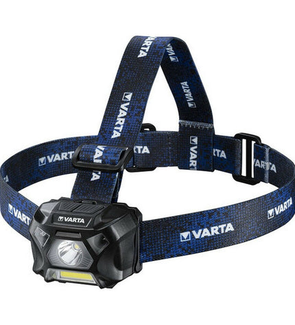 Varta Work Flex H20 headlamp with 3W LED, 150 lumens, motion sensor, designed for outdoor camping and hiking activities.