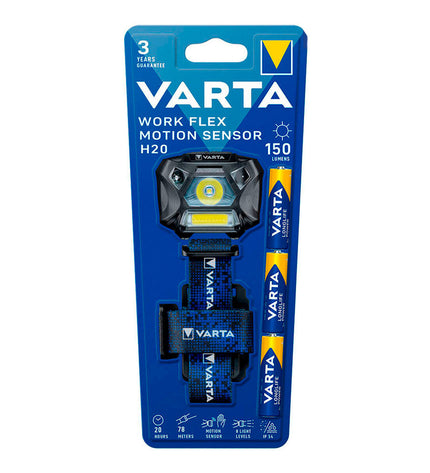 Varta Work Flex H20 headlamp with 3W LED, 150 lumens, motion sensor, ideal for outdoor camping and hiking activities