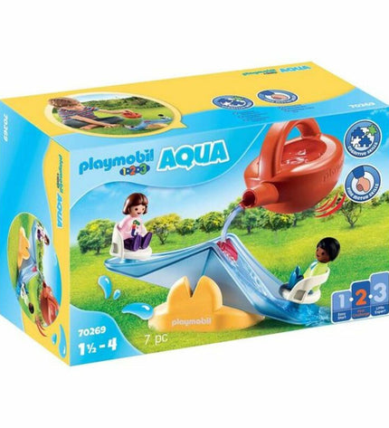 Playmobil Water Rocker playset with sprinkler, includes 7 pieces of colorful plastic toys and figures for outdoor water fun.