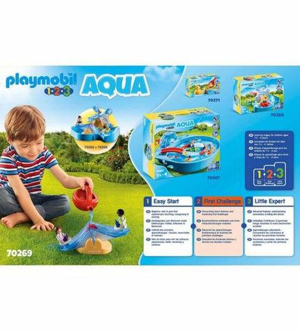 Playmobil Water Rocker with Sprinkler playset, includes 7 pieces featuring colorful water-themed toys and figures.
