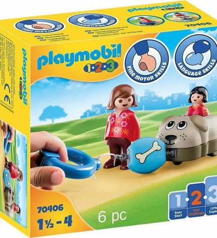 Playmobil 1.2.3 Hond kinder playset with six toy figures and accessories, including a dog and child characters.