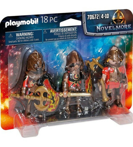 Playmobil Novelmore Fire Knights figurenset with 18 toy action figures, including knights in armor and weapons.
