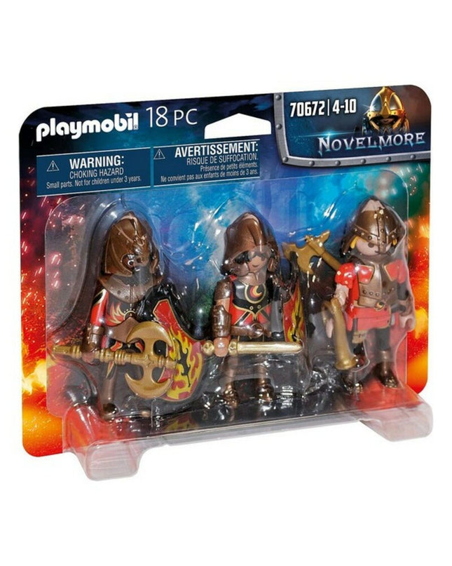 Playmobil Novelmore Fire Knights figurenset with 18 toy action figures, including knights in armor and weapons.