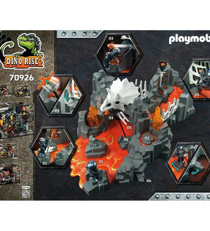 Playmobil Dino Rise Lava Fountain Guardian playset with action figures and dinosaur-themed accessories.