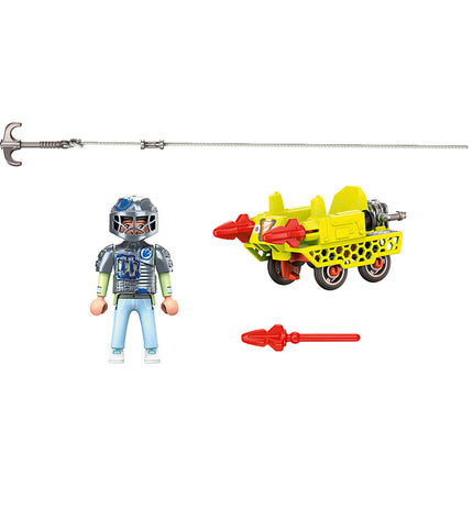 Playmobil Dino Rise Mina Cruiser playset with dinosaur figures and accessories from the Playmobil Dino Rise series.