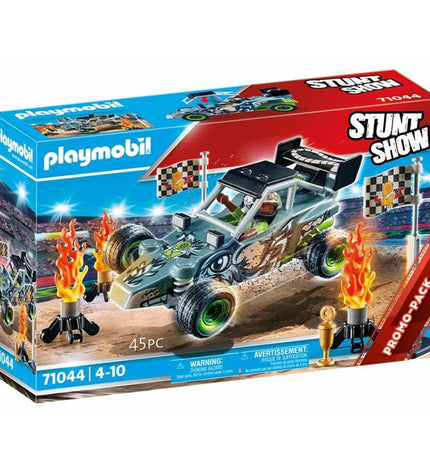 Playmobil Stuntshow Racer playset with multiple toy race car parts and figures, featuring colorful stunt-themed accessories.