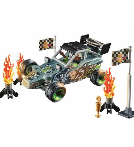 Playmobil Stuntshow Racer playset with 45 pieces, featuring toy cars, figures, and stunt accessories for imaginative play.