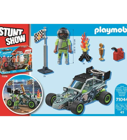 Playmobil Stuntshow Racer playset with 45 pieces including cars, figures, and stunt accessories for imaginative action scenes.