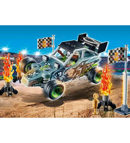 Playmobil Stuntshow Racer playset with multiple racing cars, figure, and stunt accessories, designed for imaginative play.