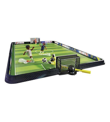 Playmobil Sports & Action Football Pitch playset with 63 pieces, including players, goalposts, and accessories for kids' football games.